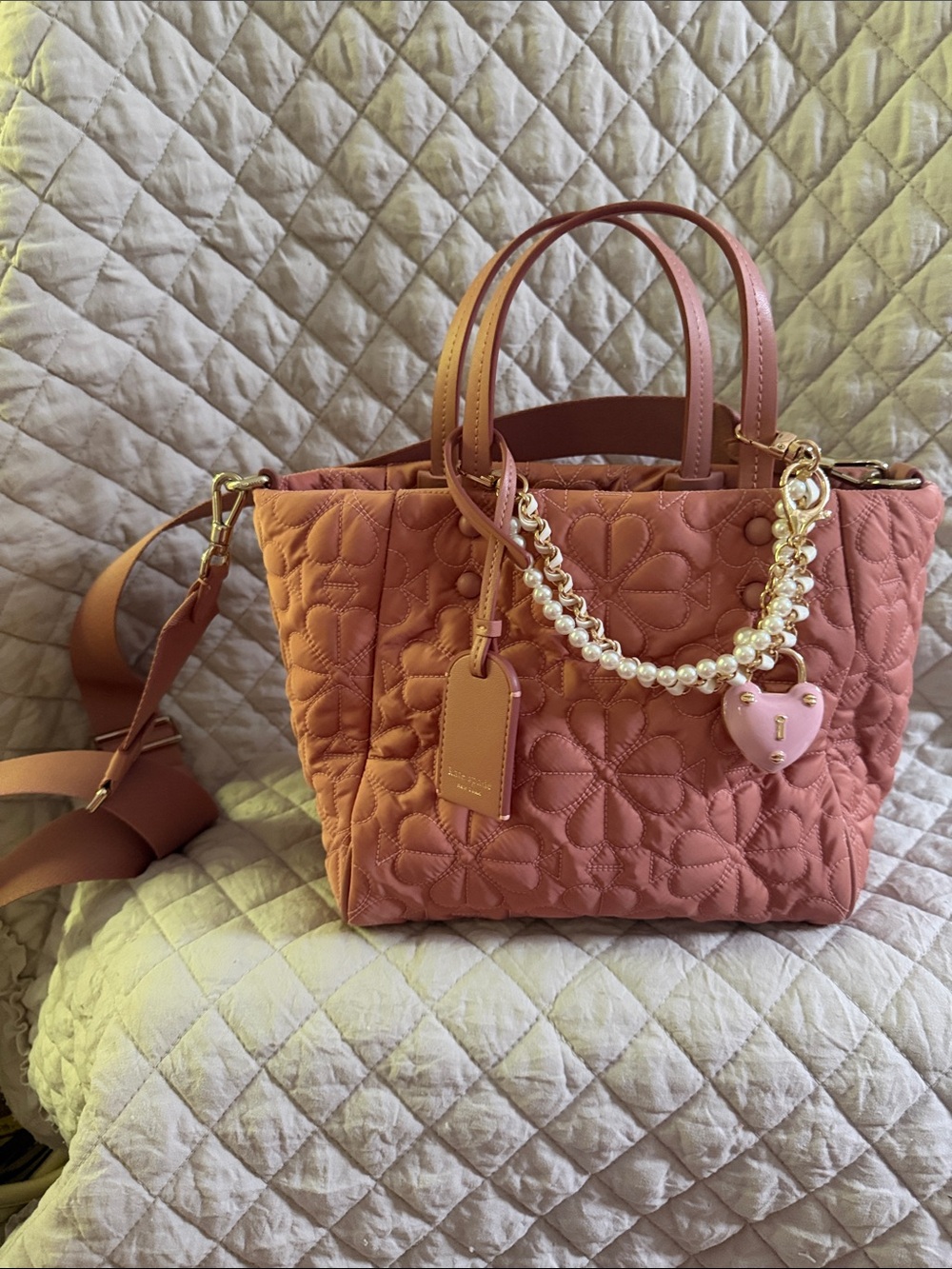 kate spade quilted rose tote with pearl chain and heart charm
